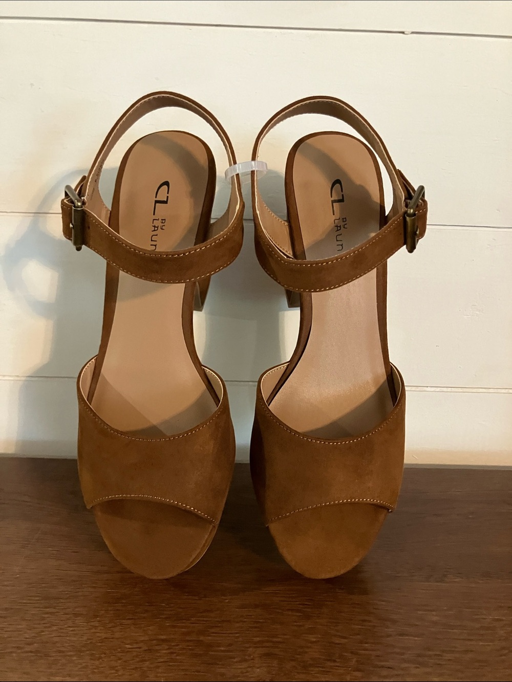 CL by Laundry Tan Suede Platform Block Heel Sandals - Picture 4 of 5
